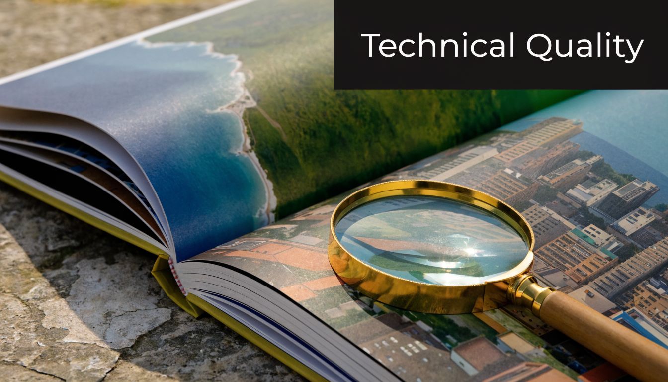 A magnifying glass resting on an open photo book displaying scenic landscapes and urban cityscapes.