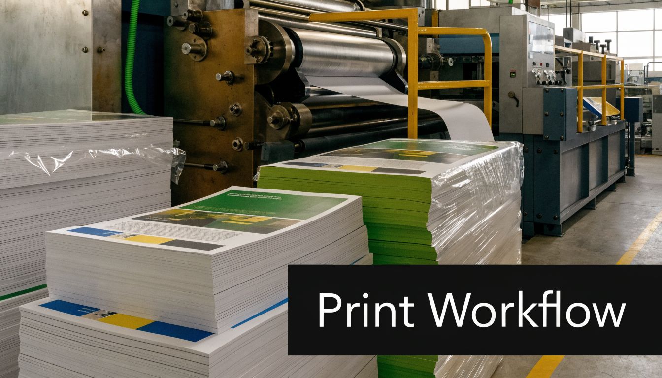 Industrial printing machinery processing paper stacks in a professional warehouse setting for custom print books.